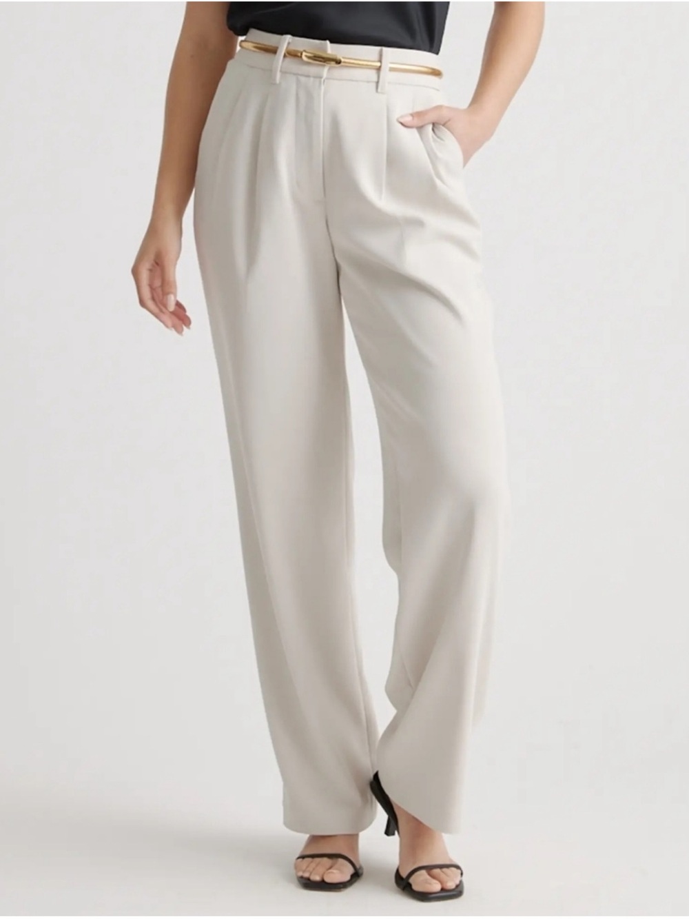 Quince Stretch Crepe Pleated Wide Leg Pants in Sand